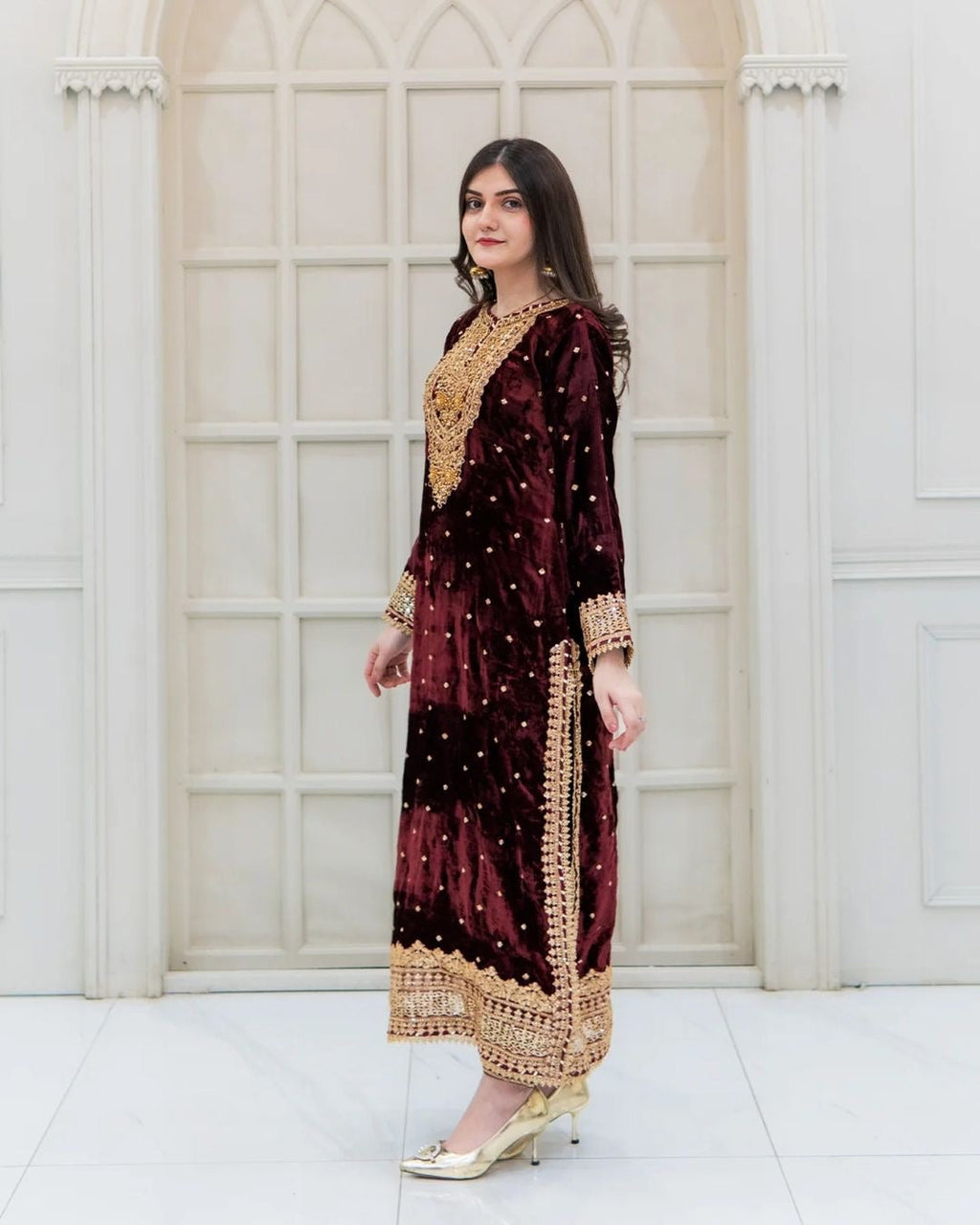 Prazu Fashion Maroon Viscose Velvet Embroidered Sequins Salwar Suit | Grocsy