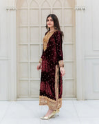 Prazu Fashion Maroon Viscose Velvet Embroidered Sequins Salwar Suit | Grocsy