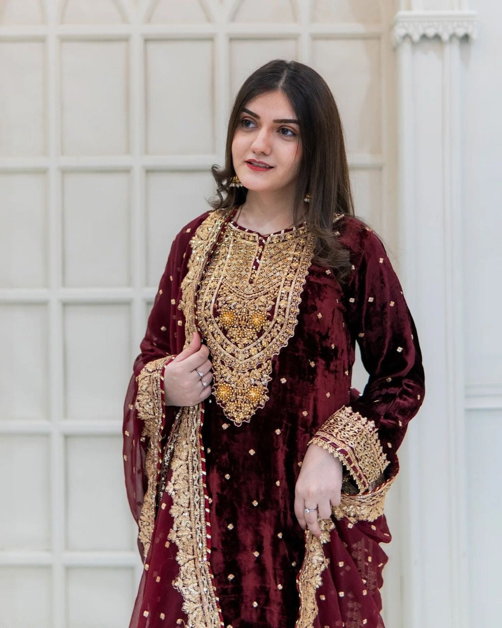 Prazu Fashion Maroon Viscose Velvet Embroidered Sequins Salwar Suit | Grocsy