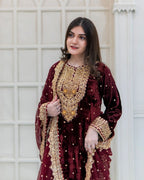 Prazu Fashion Maroon Viscose Velvet Embroidered Sequins Salwar Suit | Grocsy