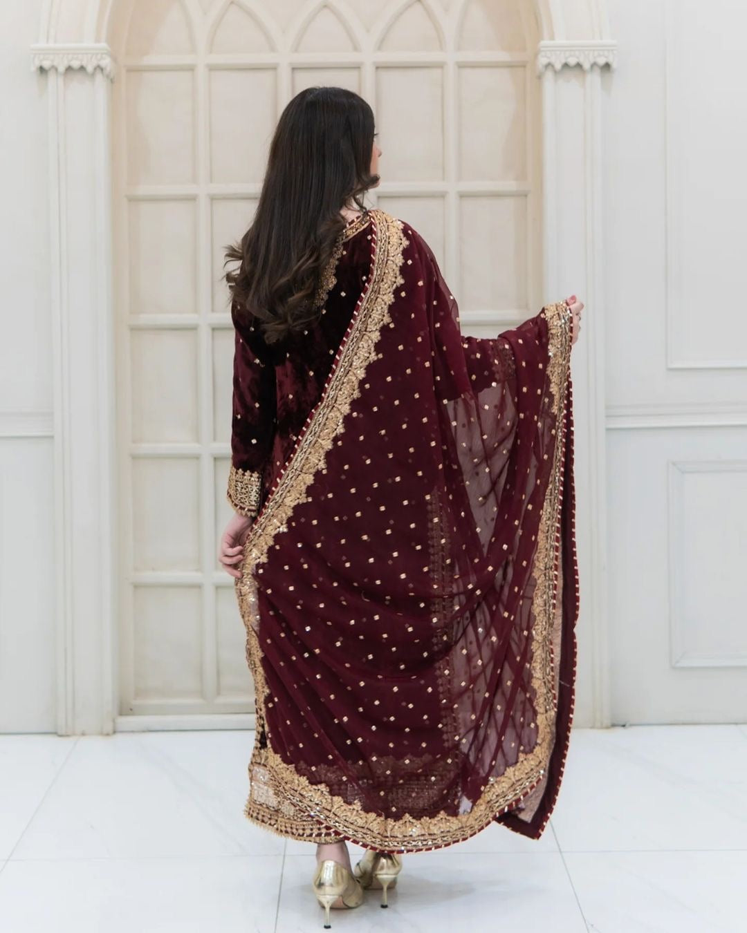 Prazu Fashion Maroon Viscose Velvet Embroidered Sequins Salwar Suit | Grocsy