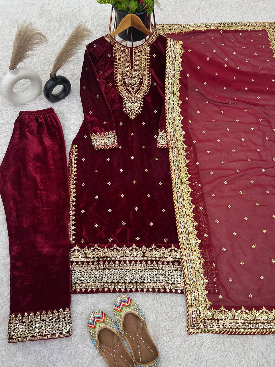 Prazu Fashion Maroon Viscose Velvet Embroidered Sequins Salwar Suit | Grocsy