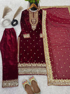 Prazu Fashion Maroon Viscose Velvet Embroidered Sequins Salwar Suit | Grocsy
