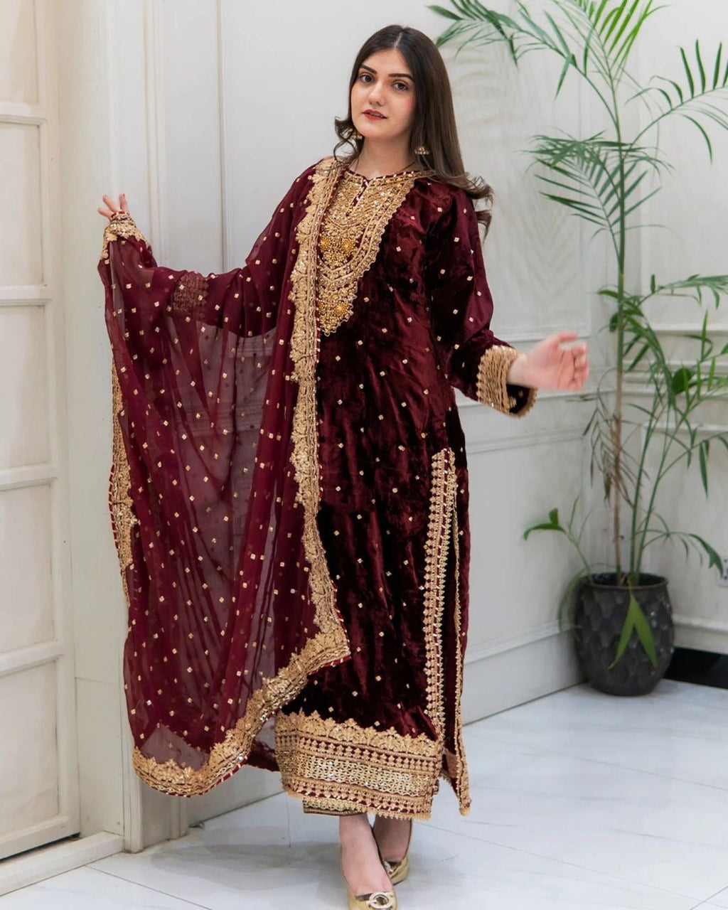 Prazu Fashion Maroon Viscose Velvet Embroidered Sequins Salwar Suit | Grocsy