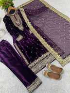 Prazu Fashion Purple Viscose Velvet Embroidered Sequins Salwar Suit | Grocsy