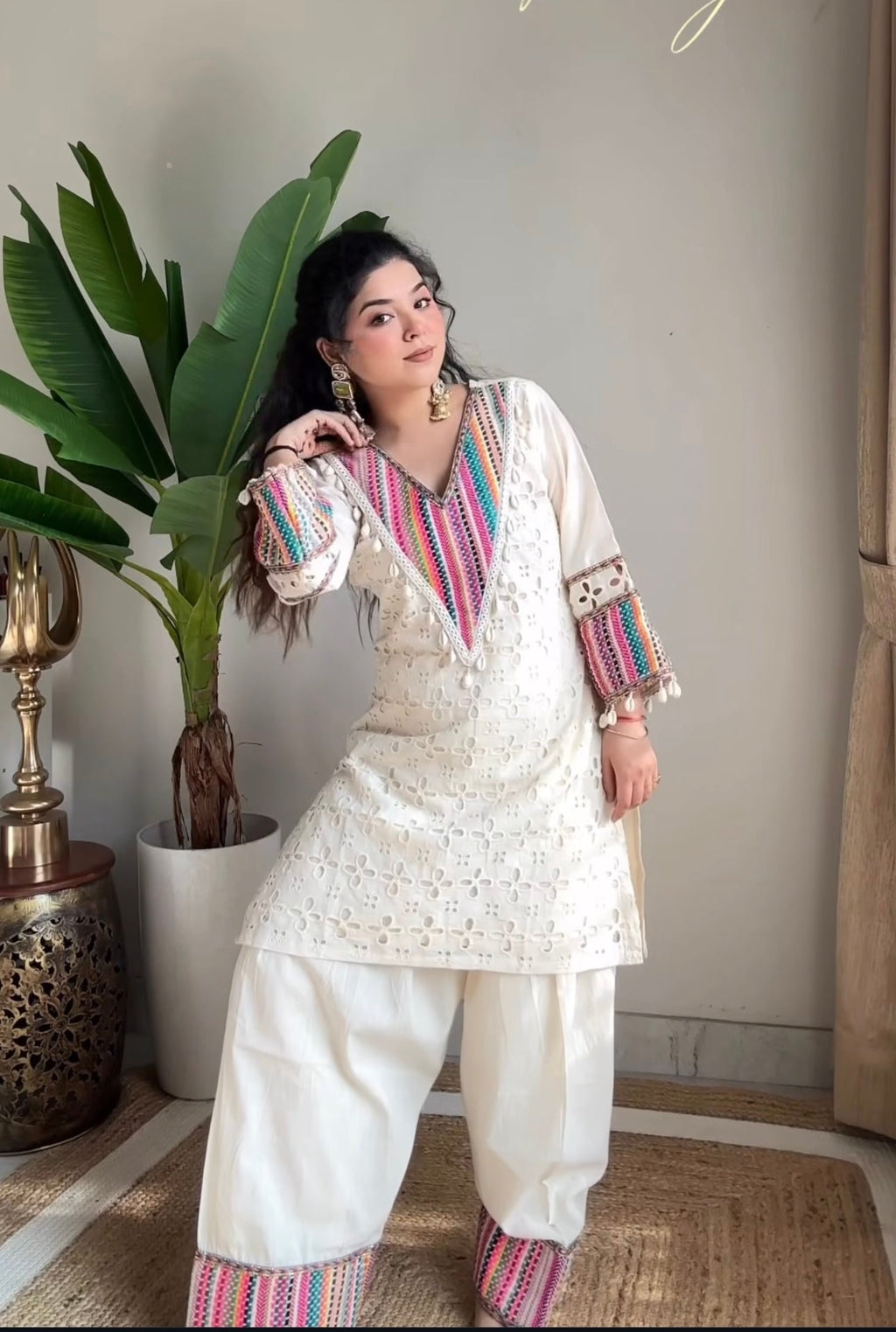 Prazu Fashion Off White Khadi Cotton Schiffli Work Co-Ord Set | Grocsy