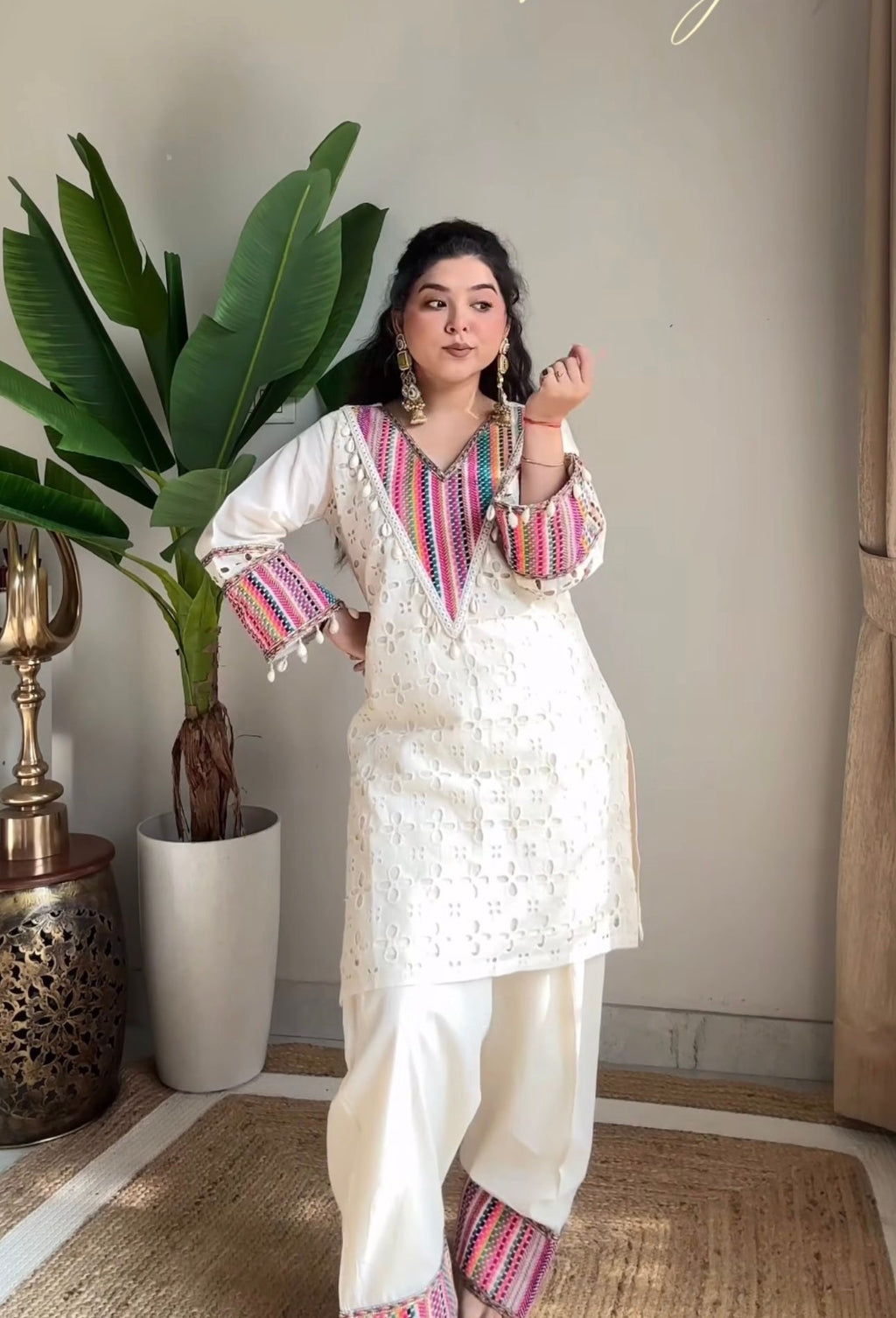 Prazu Fashion Off White Khadi Cotton Schiffli Work Co-Ord Set | Grocsy