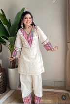 Prazu Fashion Off White Khadi Cotton Schiffli Work Co-Ord Set | Grocsy