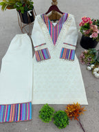 Prazu Fashion Off White Khadi Cotton Schiffli Work Co-Ord Set | Grocsy