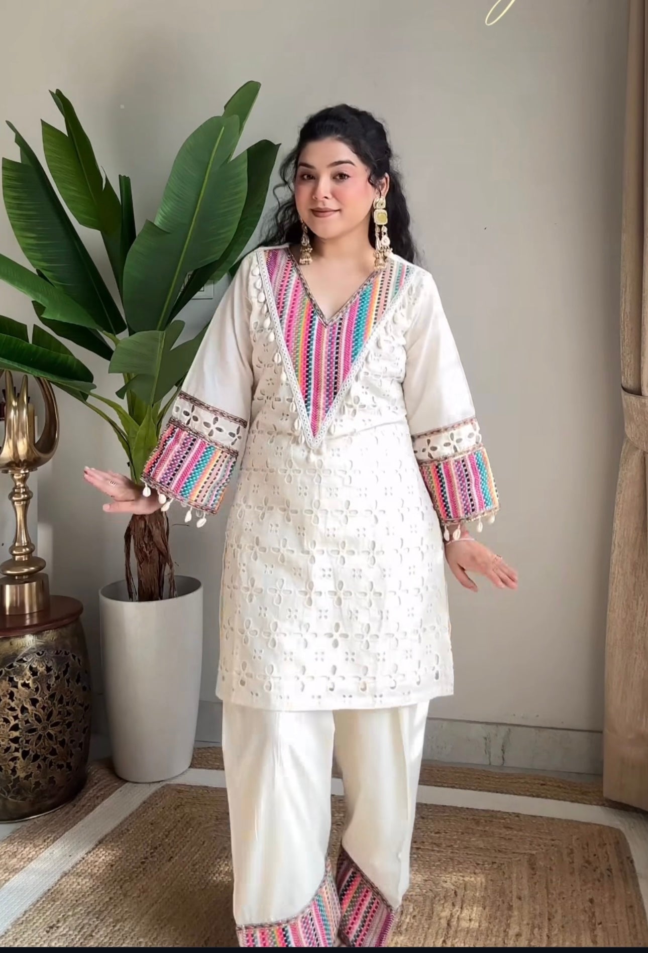 Prazu Fashion Off White Khadi Cotton Schiffli Work Co-Ord Set | Grocsy