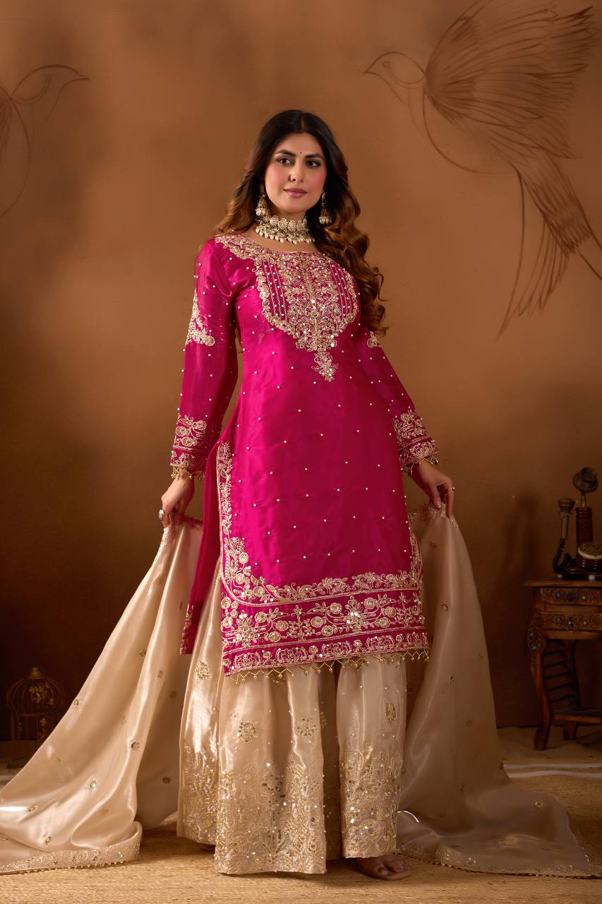 Prazu Fashion Pink Silk Embroidered Coding With Rivet Moti Work Palazzo Suit | Grocsy