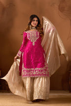 Prazu Fashion Pink Silk Embroidered Coding With Rivet Moti Work Palazzo Suit | Grocsy