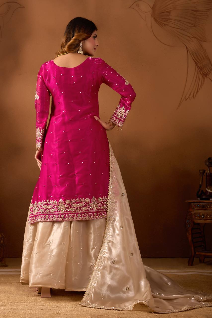 Prazu Fashion Pink Silk Embroidered Coding With Rivet Moti Work Palazzo Suit | Grocsy