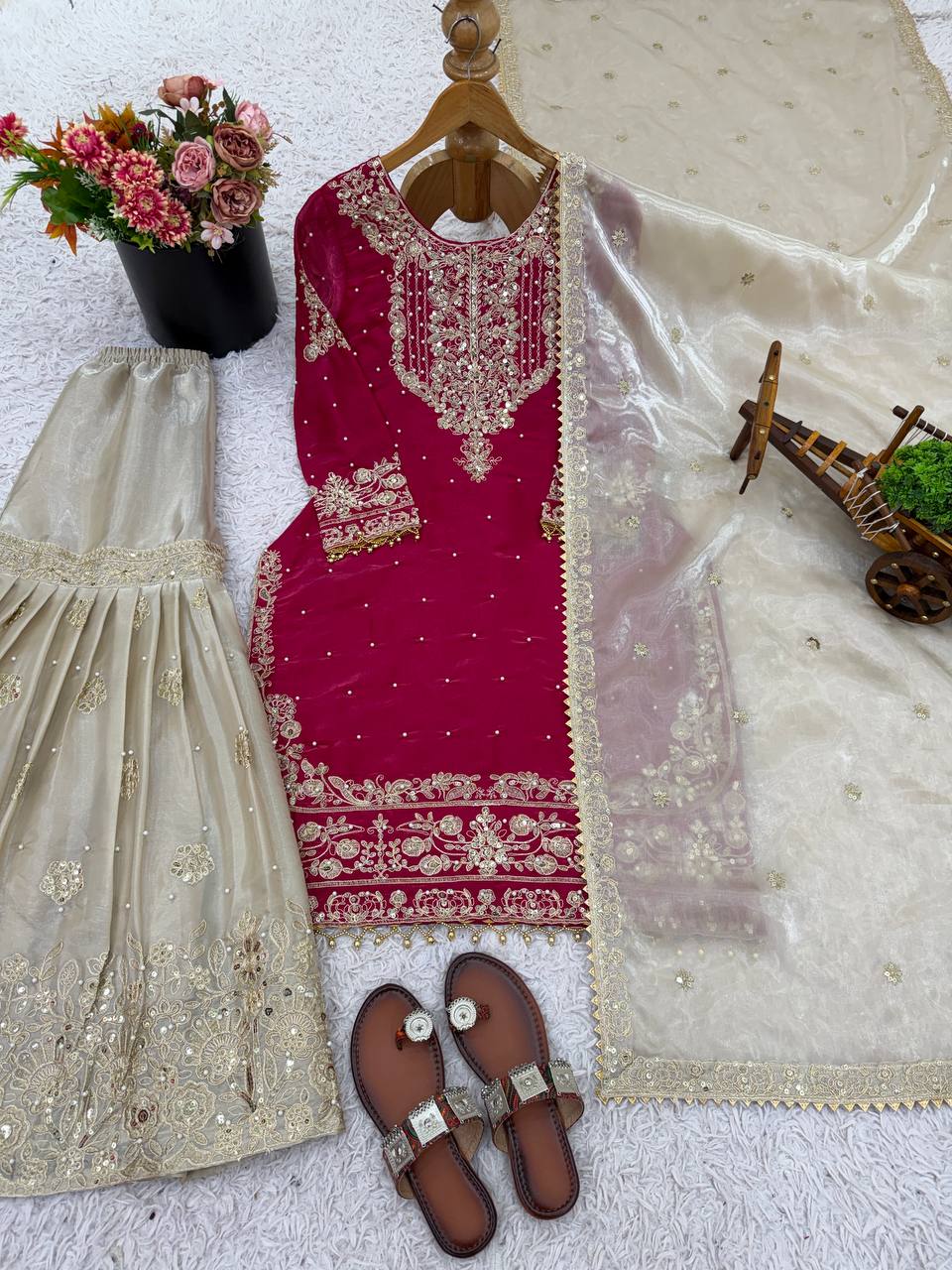 Prazu Fashion Pink Silk Embroidered Coding With Rivet Moti Work Palazzo Suit | Grocsy