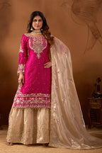 Prazu Fashion Pink Silk Embroidered Coding With Rivet Moti Work Palazzo Suit | Grocsy