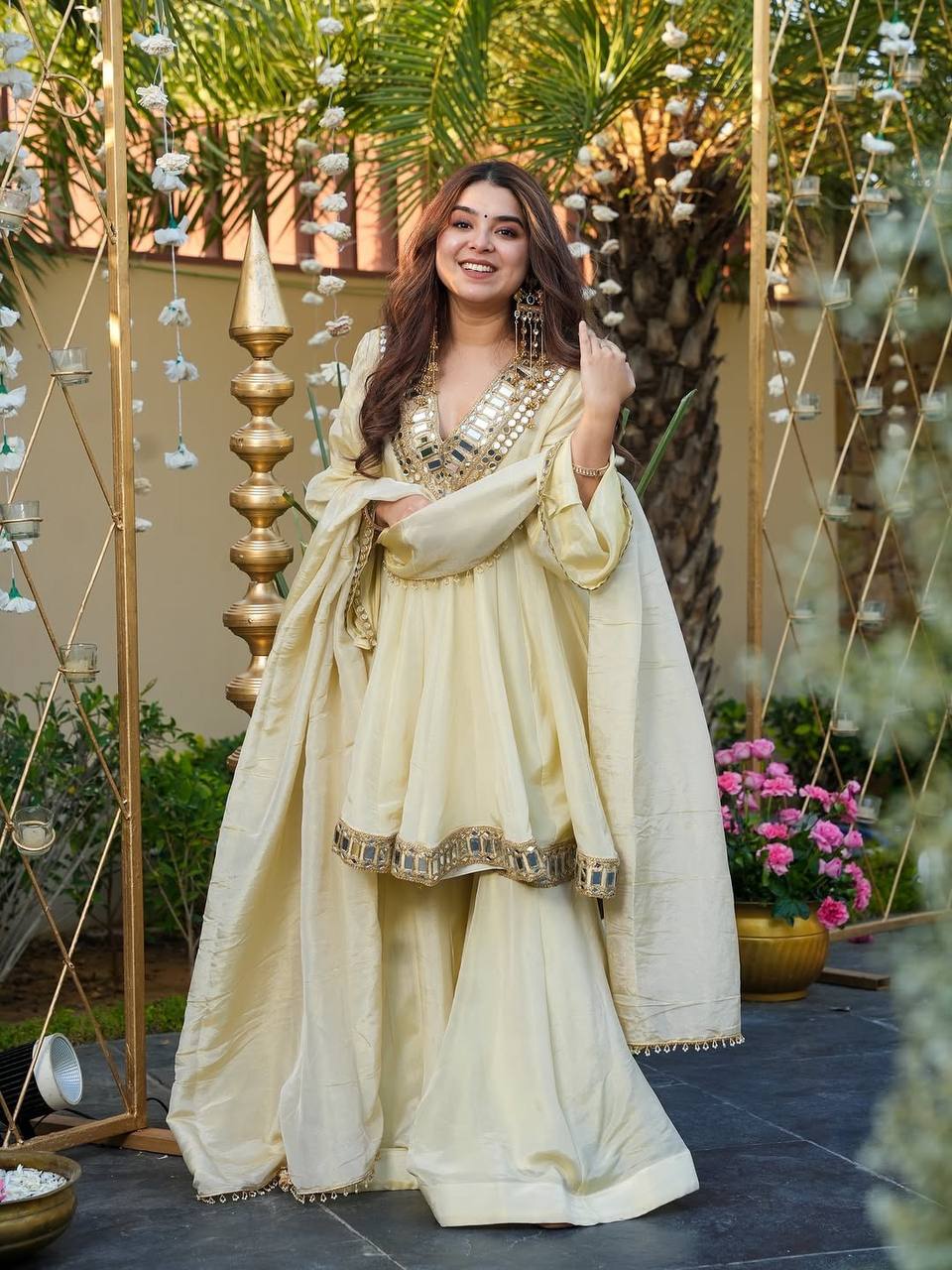 Prazu Fashion Off White Cosmos Zari Silk Thread Mirror Work Palazzo Suit | Grocsy