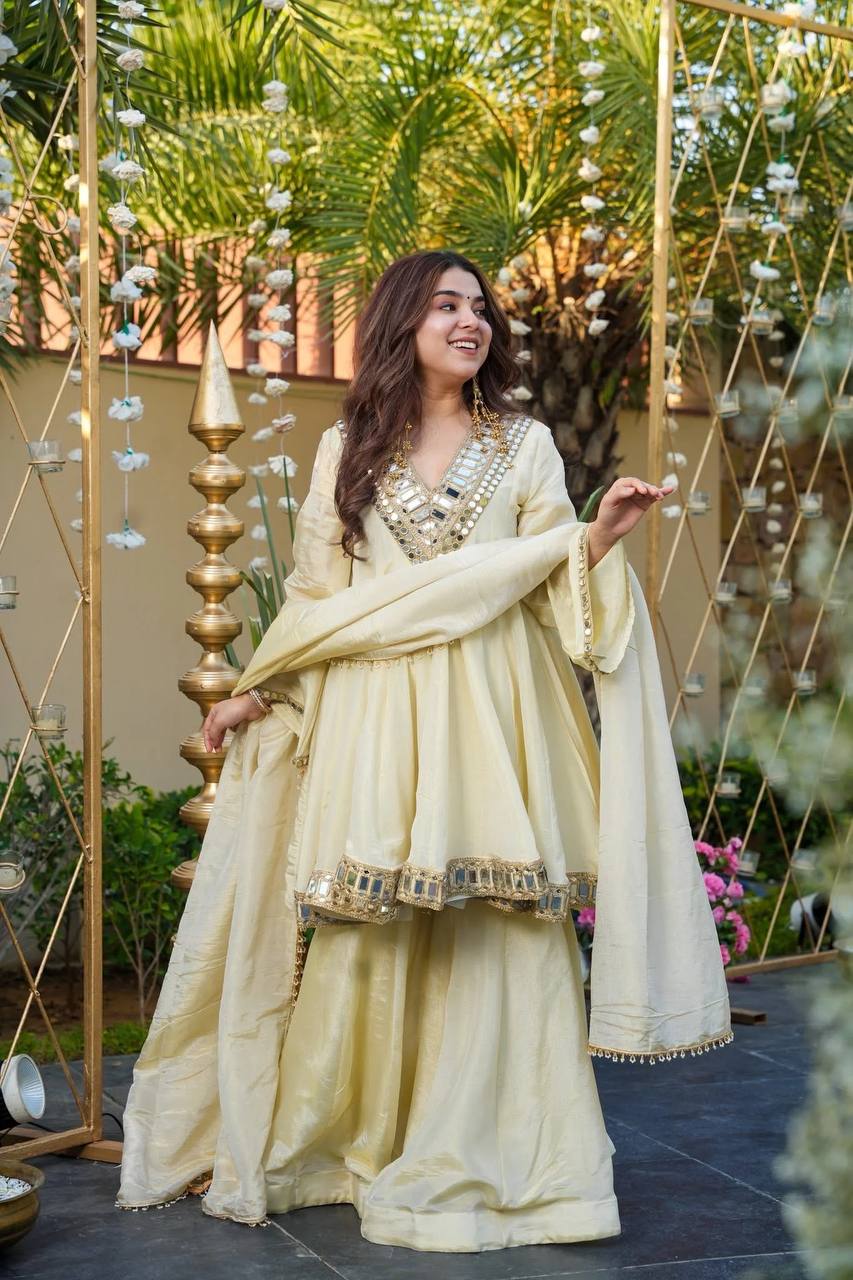 Prazu Fashion Off White Cosmos Zari Silk Thread Mirror Work Palazzo Suit | Grocsy