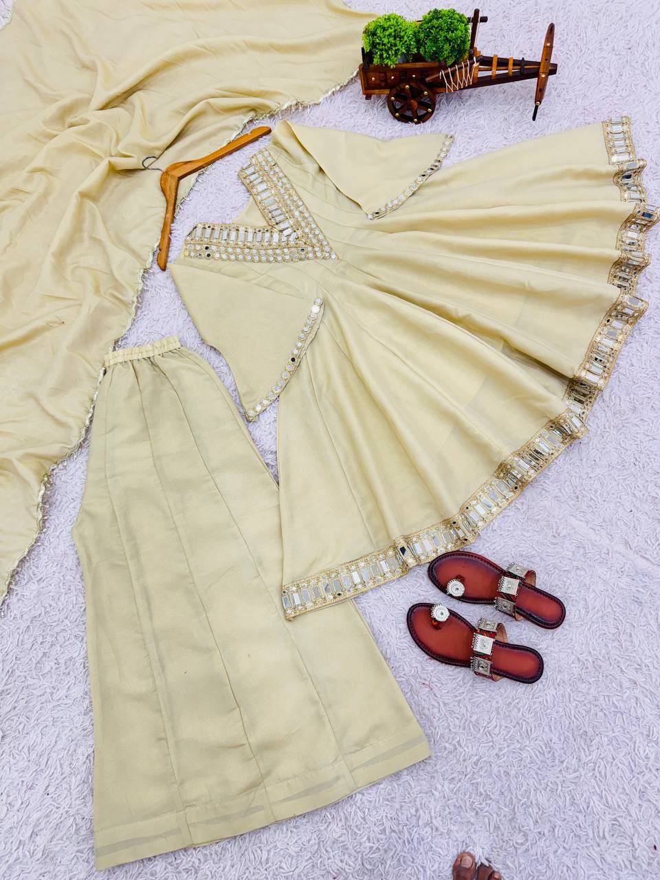 Prazu Fashion Off White Cosmos Zari Silk Thread Mirror Work Palazzo Suit | Grocsy