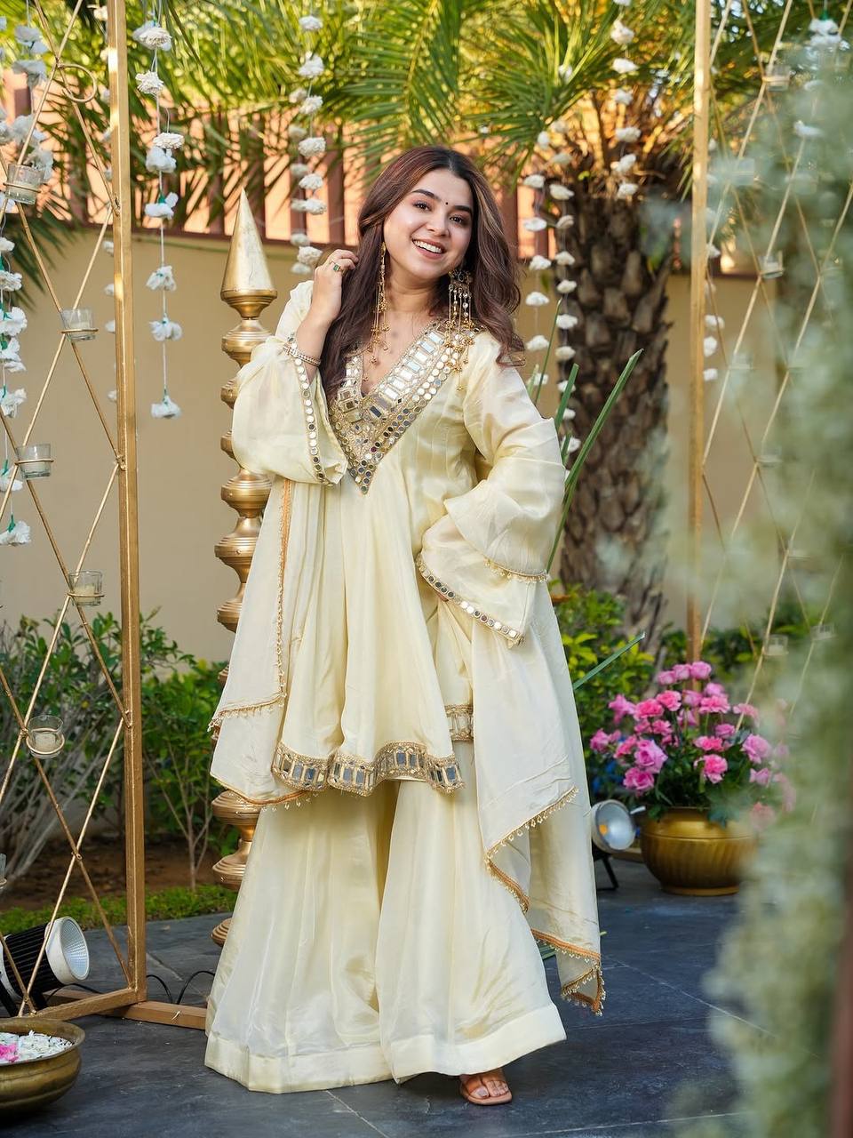 Prazu Fashion Off White Cosmos Zari Silk Thread Mirror Work Palazzo Suit | Grocsy