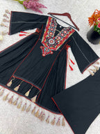 Prazu Fashion Black Khadi Cotton Embroidered Mirror Work Palazzo Suit | Grocsy