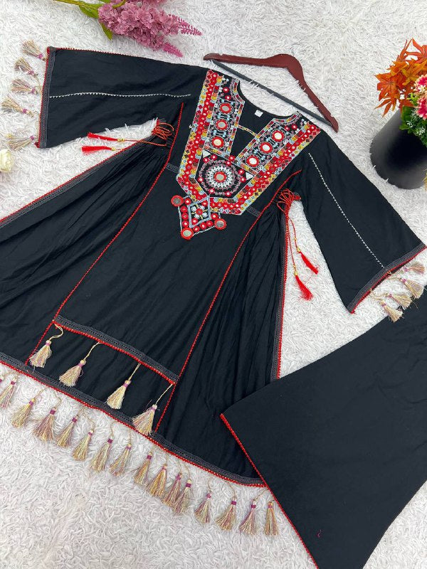 Prazu Fashion Black Khadi Cotton Embroidered Mirror Work Palazzo Suit | Grocsy
