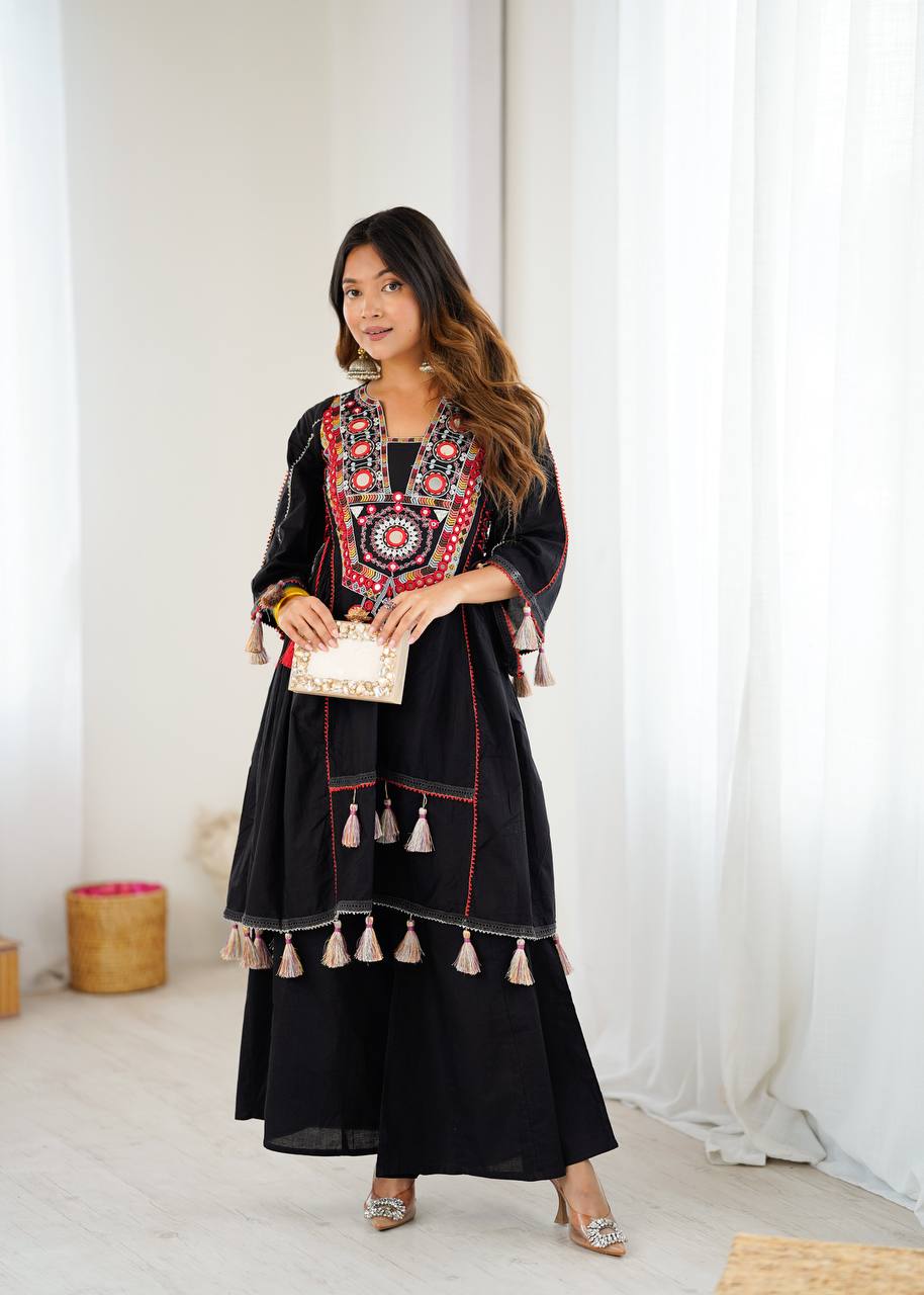 Prazu Fashion Black Khadi Cotton Embroidered Mirror Work Palazzo Suit | Grocsy