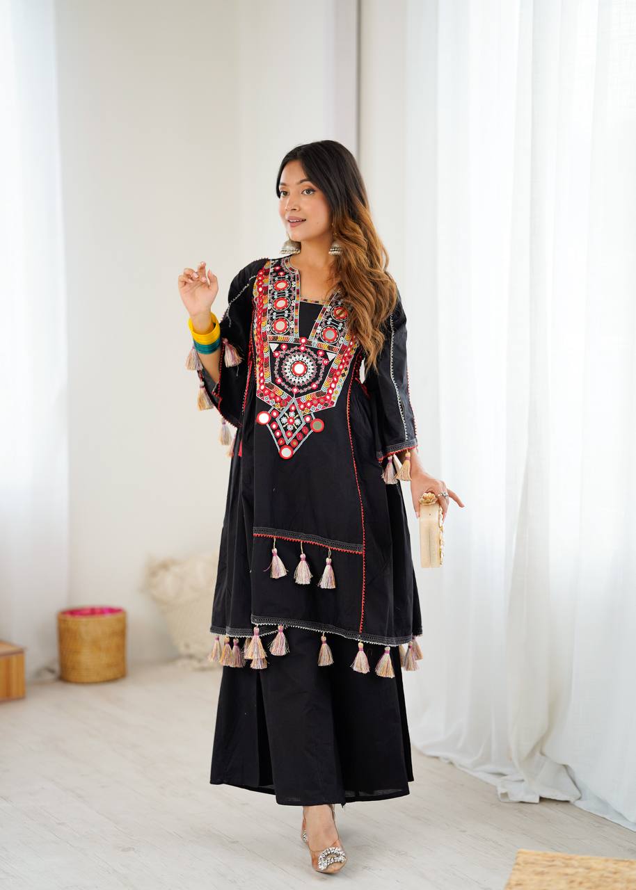 Prazu Fashion Black Khadi Cotton Embroidered Mirror Work Palazzo Suit | Grocsy