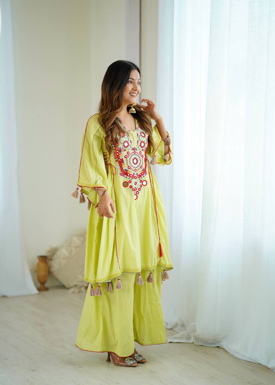 Prazu Fashion Lime Green Khadi Cotton Embroidered Mirror Work Palazzo Suit | Grocsy