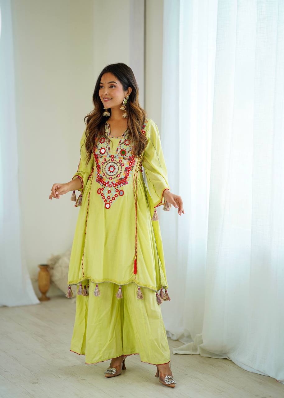 Prazu Fashion Lime Green Khadi Cotton Embroidered Mirror Work Palazzo Suit | Grocsy