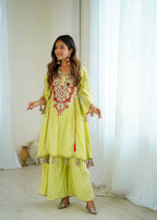 Prazu Fashion Lime Green Khadi Cotton Embroidered Mirror Work Palazzo Suit | Grocsy