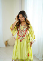 Prazu Fashion Lime Green Khadi Cotton Embroidered Mirror Work Palazzo Suit | Grocsy