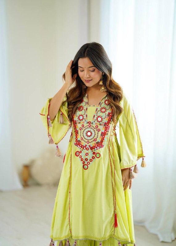 Prazu Fashion Lime Green Khadi Cotton Embroidered Mirror Work Palazzo Suit | Grocsy