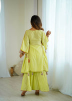 Prazu Fashion Lime Green Khadi Cotton Embroidered Mirror Work Palazzo Suit | Grocsy