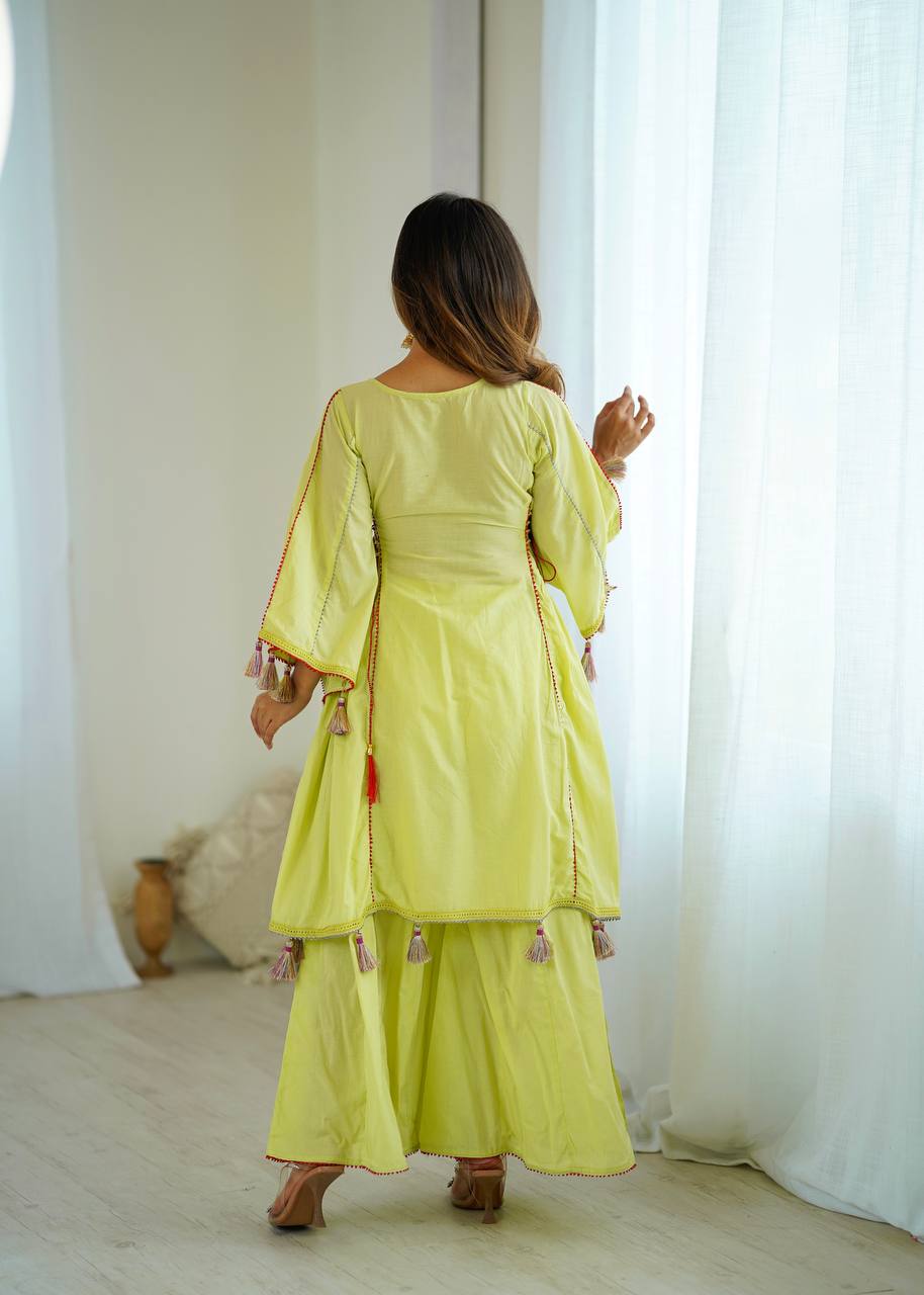 Prazu Fashion Lime Green Khadi Cotton Embroidered Mirror Work Palazzo Suit | Grocsy