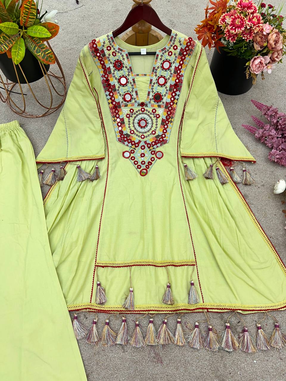Prazu Fashion Lime Green Khadi Cotton Embroidered Mirror Work Palazzo Suit | Grocsy