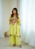 Prazu Fashion Lime Green Khadi Cotton Embroidered Mirror Work Palazzo Suit | Grocsy