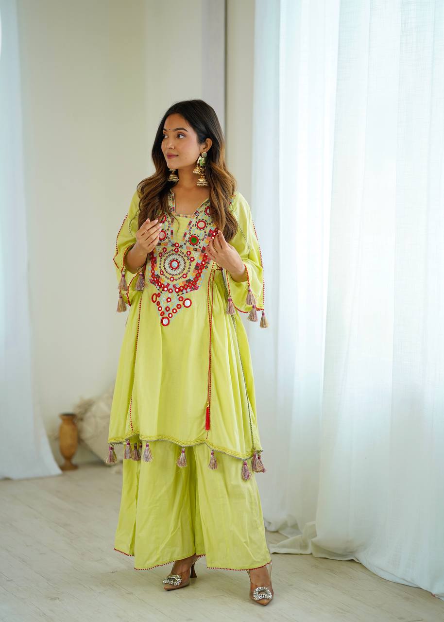 Prazu Fashion Lime Green Khadi Cotton Embroidered Mirror Work Palazzo Suit | Grocsy