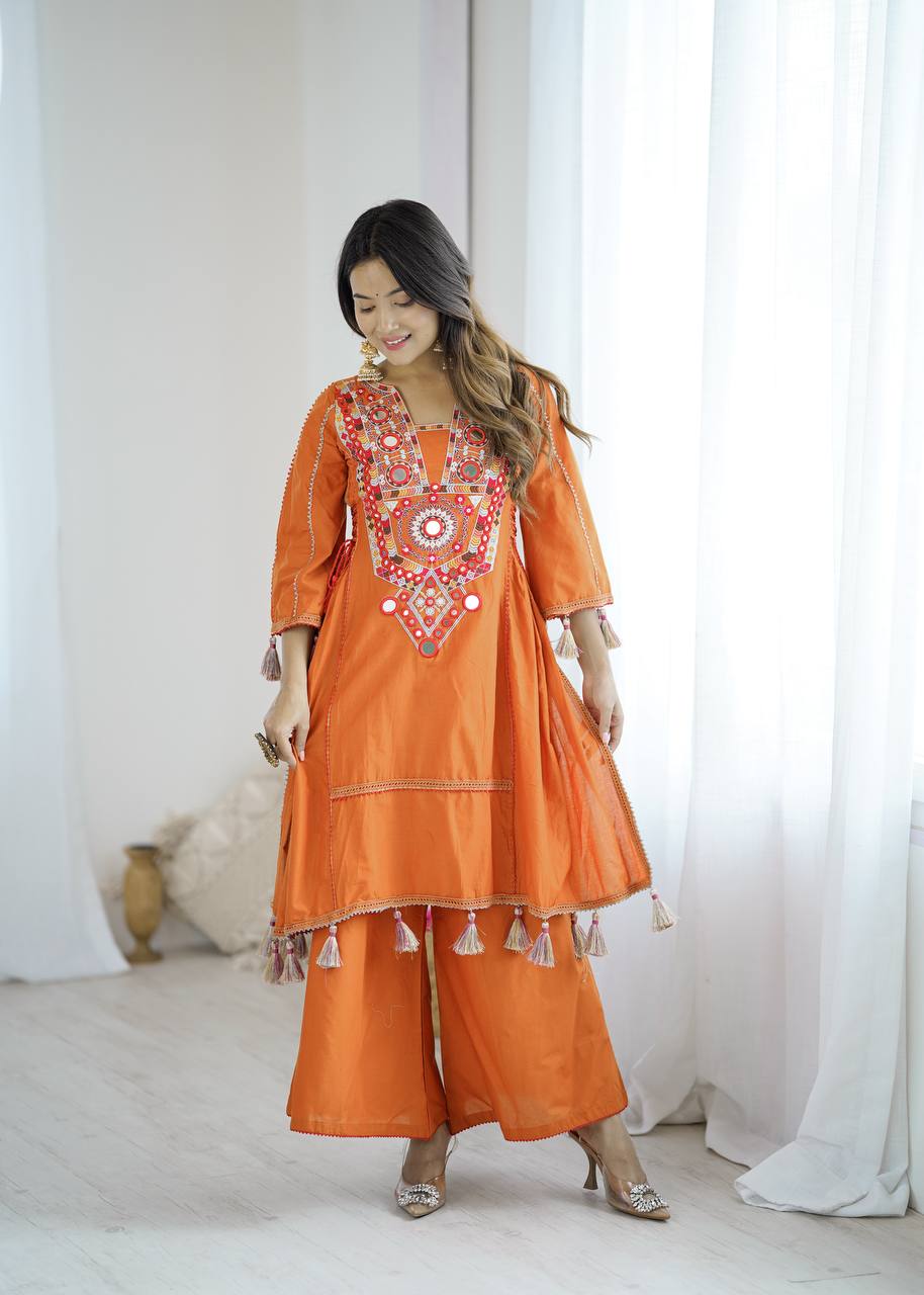 Prazu Fashion Orange Khadi Cotton Embroidered Mirror Work Palazzo Suit | Grocsy