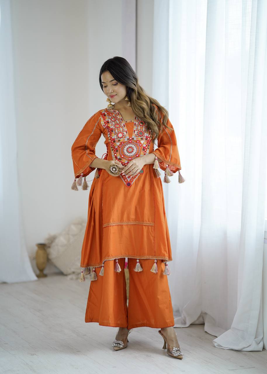 Prazu Fashion Orange Khadi Cotton Embroidered Mirror Work Palazzo Suit | Grocsy