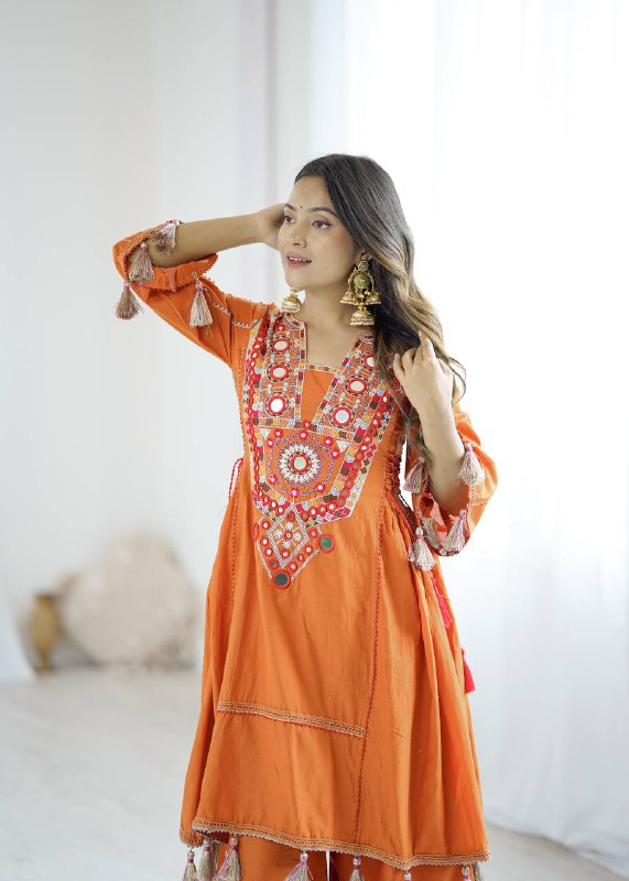 Prazu Fashion Orange Khadi Cotton Embroidered Mirror Work Palazzo Suit | Grocsy