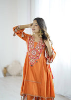 Prazu Fashion Orange Khadi Cotton Embroidered Mirror Work Palazzo Suit | Grocsy