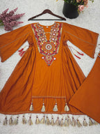 Prazu Fashion Orange Khadi Cotton Embroidered Mirror Work Palazzo Suit | Grocsy