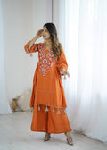 Prazu Fashion Orange Khadi Cotton Embroidered Mirror Work Palazzo Suit | Grocsy