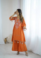 Prazu Fashion Orange Khadi Cotton Embroidered Mirror Work Palazzo Suit | Grocsy