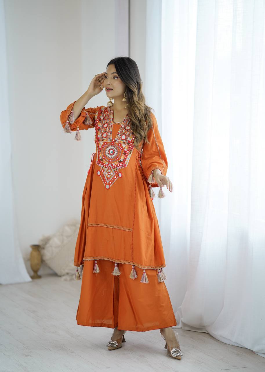 Prazu Fashion Orange Khadi Cotton Embroidered Mirror Work Palazzo Suit | Grocsy