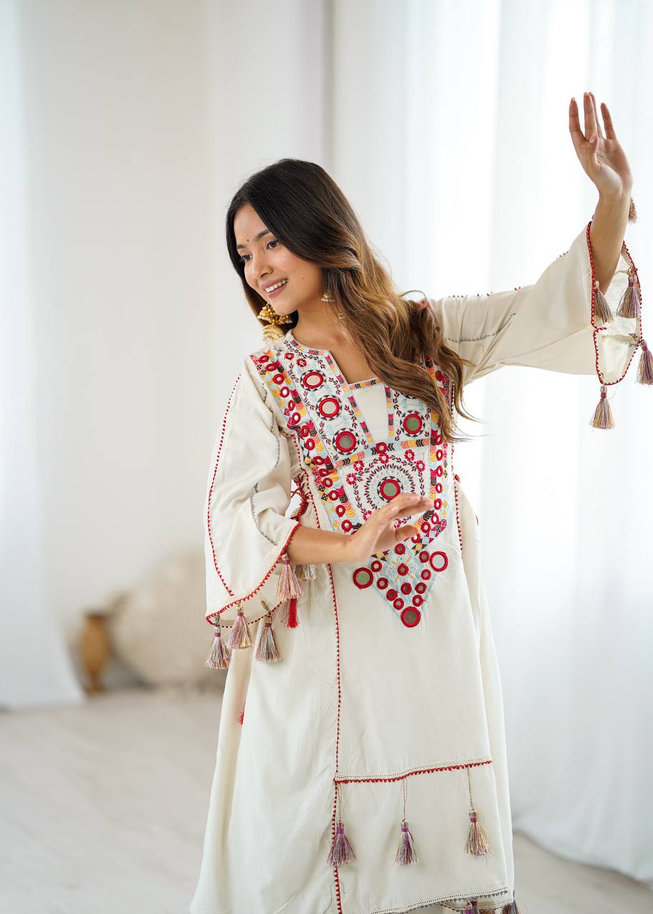 Prazu Fashion White Khadi Cotton Embroidered Mirror Work Palazzo Suit | Grocsy