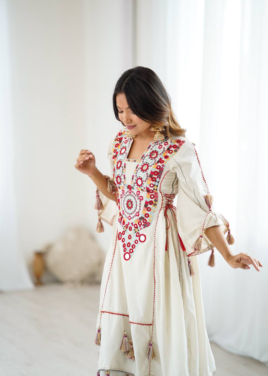 Prazu Fashion White Khadi Cotton Embroidered Mirror Work Palazzo Suit | Grocsy