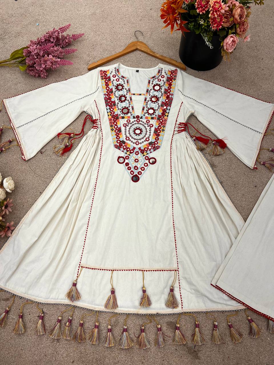 Prazu Fashion White Khadi Cotton Embroidered Mirror Work Palazzo Suit | Grocsy