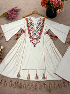 Prazu Fashion White Khadi Cotton Embroidered Mirror Work Palazzo Suit | Grocsy