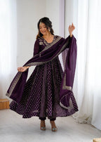Prazu Fashion Dark Purple Crunchy Silk Embroidered Sequence Anarkali Gown | Grocsy